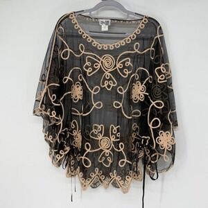 Step In Style Black Mesh Sheer Embroidered Floral Poncho Top One Size Boho Fairy